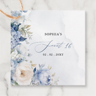 Elegant Modern Dusty Blue Floral Sweet 16 Favour Tags