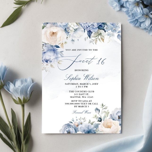Elegant Modern Dusty Blue Floral Sweet 16 Invitation (Elegant Modern Dusty Blue Floral Sweet 16 Invitation)