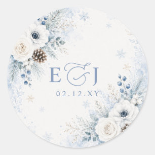 Elegant Modern Dusty Blue Floral Winter Wedding Classic Round Sticker