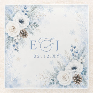 Elegant Modern Dusty Blue Floral Winter Wedding Glass Coaster