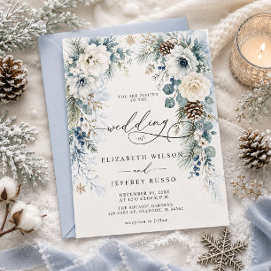 Elegant Modern Dusty Blue Floral Winter Wedding Invitation