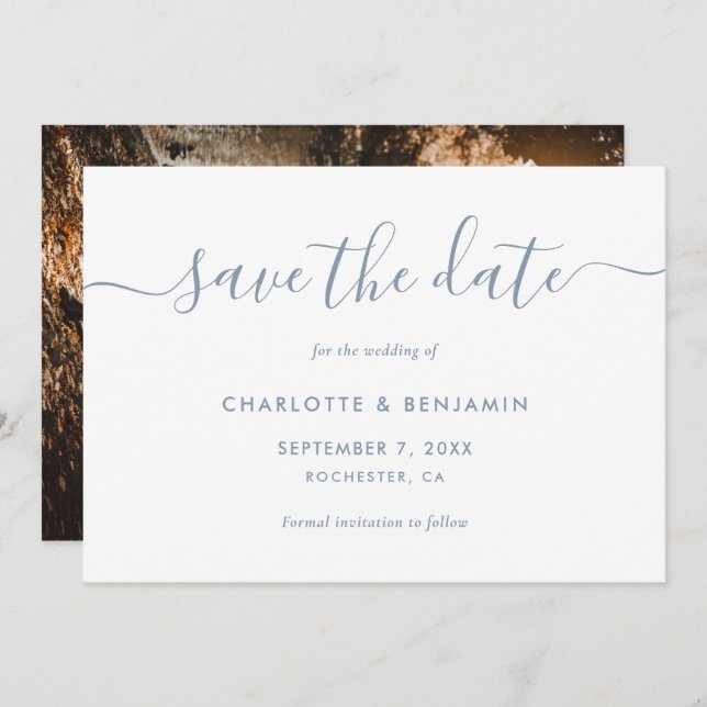 Elegant Modern Dusty Blue Photo Save The Date Card (Front/Back)