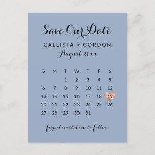 Elegant Modern Dusty Blue Rose Gold Heart Calendar Announcement Postcard