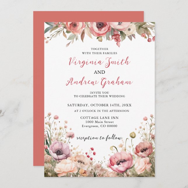 Elegant Modern Dusty Pink Rose Floral Wedding Invitation (Front/Back)