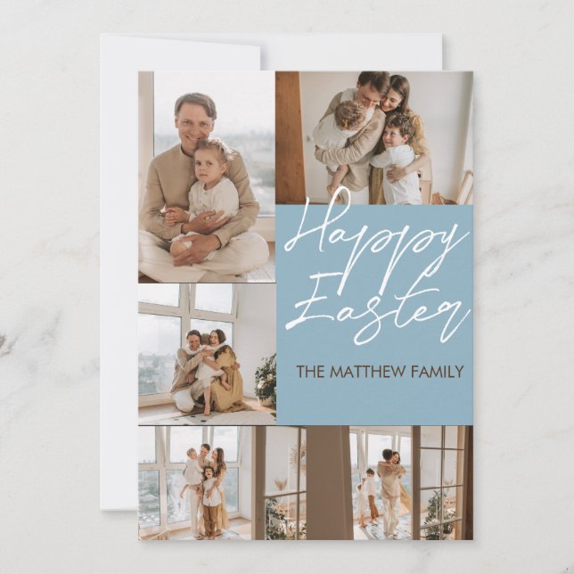 elegant Modern Easter, family five photo collage Holiday Card (Front)
