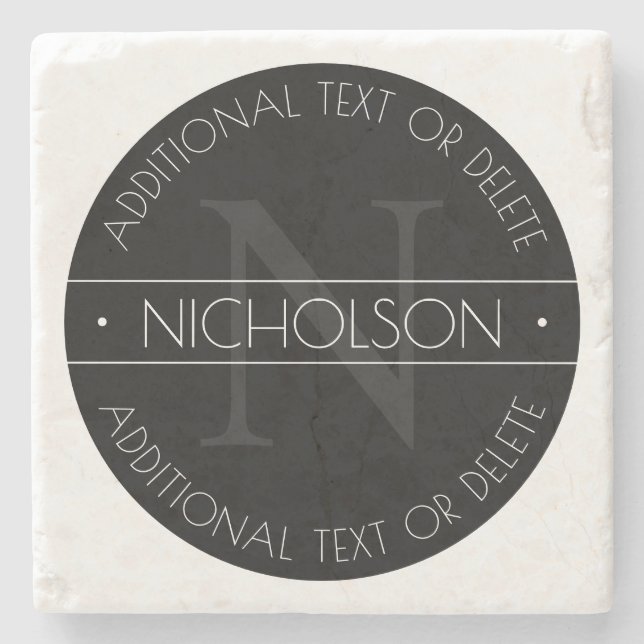 Elegant Modern Editable Monogram Black & White Stone Coaster (Front)
