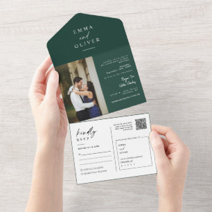 Elegant Modern Emerald Green QR Code Photo RSVP All In One Invitation
