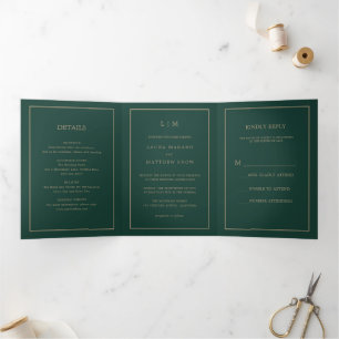 Elegant Modern Emerald Monogram Simple Wedding Tri-Fold Invitation
