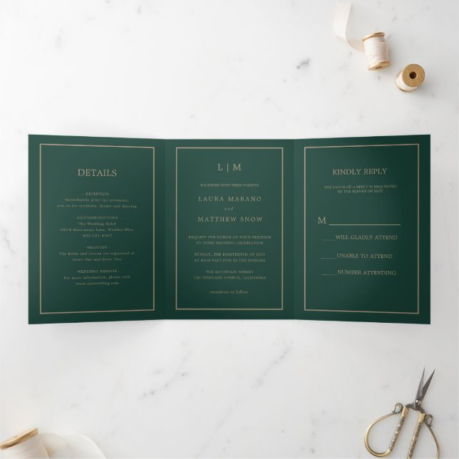 Elegant Modern Emerald Monogram Simple Wedding Tri-Fold Invitation (Inside)