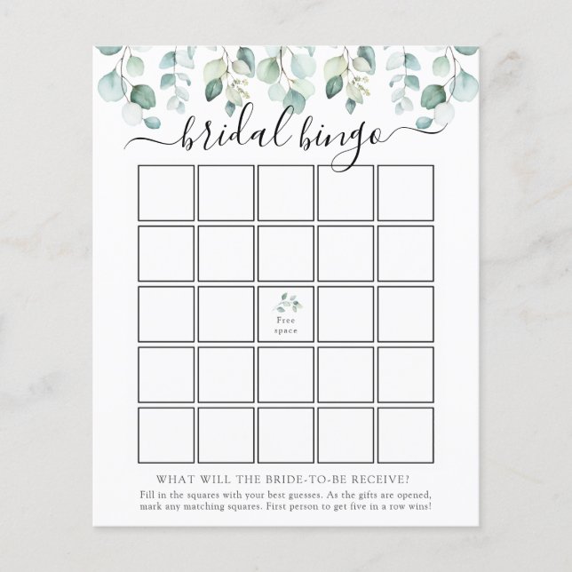 Elegant Modern Eucalyptus Bridal Bingo Game Card (Front)