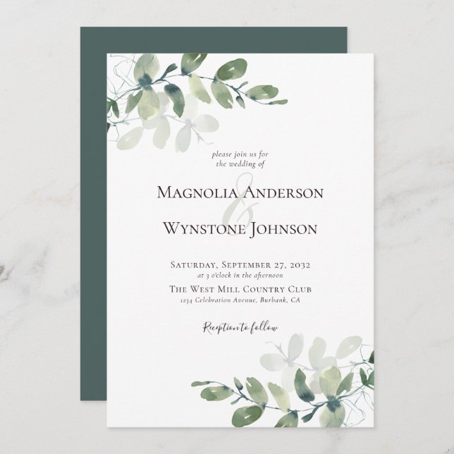 Elegant Modern Eucalyptus Greenery Wedding Invitation (Front/Back)