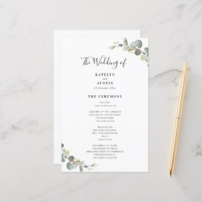elegant modern Eucalyptus greenery wedding program (Front/Back In Situ)