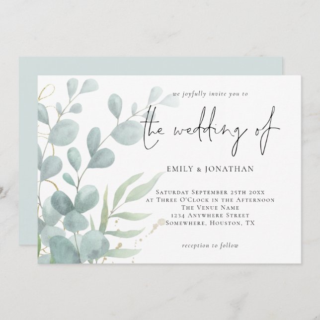 Elegant Modern Eucalyptus Powder Blue Wedding Invi Invitation (Front/Back)