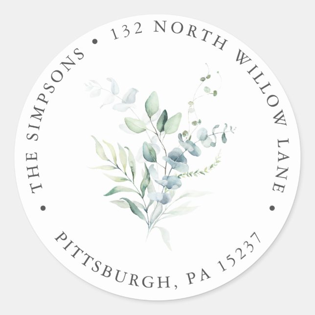 Elegant Modern Eucalyptus Return Address Classic Round Sticker (Front)