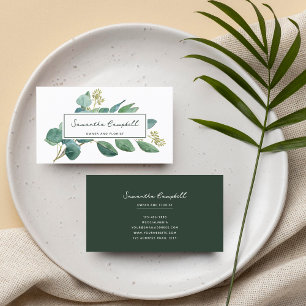 Elegant Modern Eucalyptus  & Script Emerald Green Business Card
