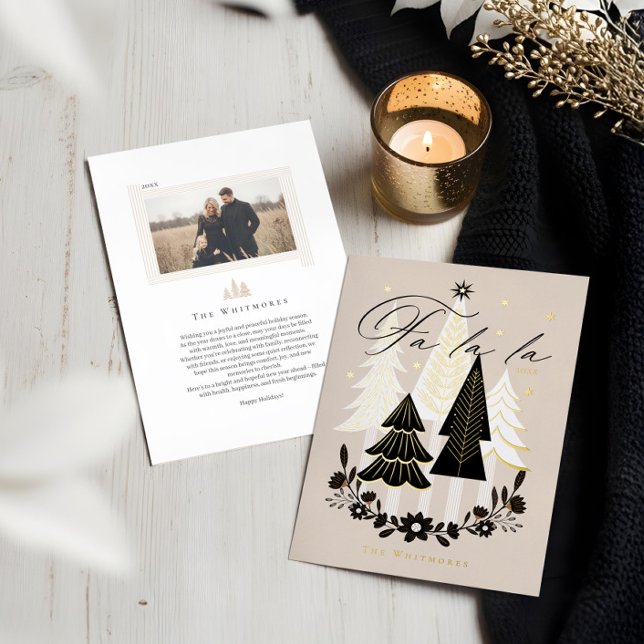 Elegant Modern Fa La La Photo Evergreen Christmas  (Elegant Modern Fa La La Photo Evergreen Christmas Foil Holiday Card (Front & Back))
