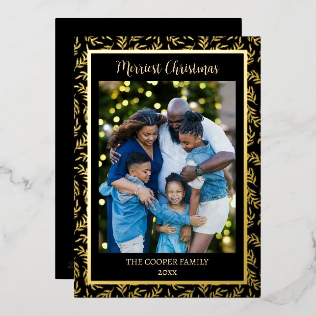 Elegant Modern Family Photo Christmas Black & Gold (Front/Back)