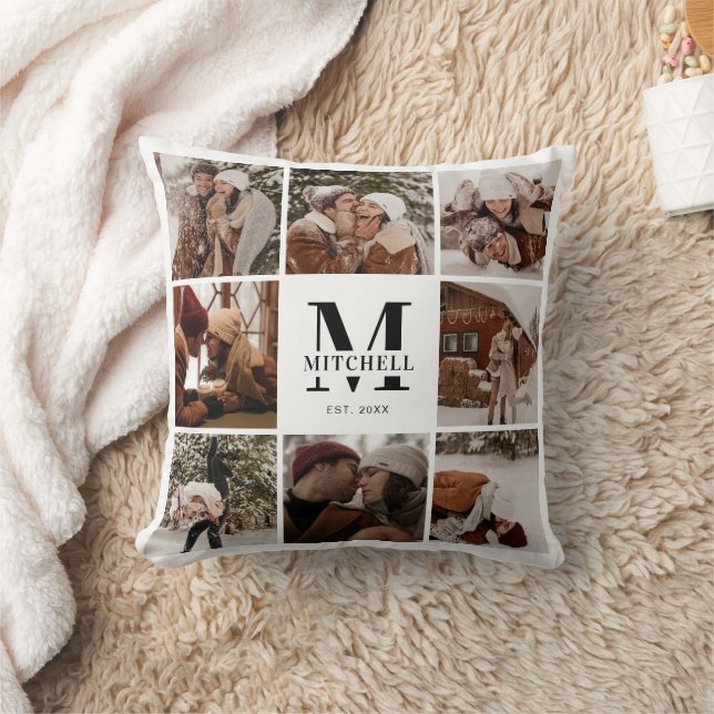Elegant Modern Family Photo Collage | Monogram Cushion (Blanket)
