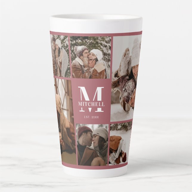 Elegant Modern Family Photo Collage Monogrammed Latte Mug (Front)