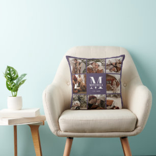 Elegant Modern Family Photo Collage Purple Cushion