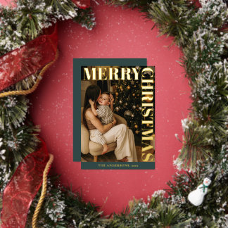 Elegant Modern Family Photo Green Merry Christmas