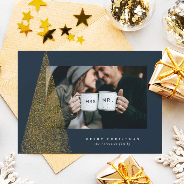 Elegant modern faux gold Christmas tree one photo Holiday Card (Creator Uploaded)