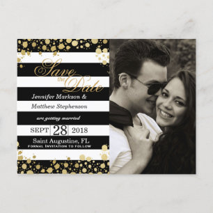 Elegant Modern Faux Gold Splatters and Stripes Announcement Postcard
