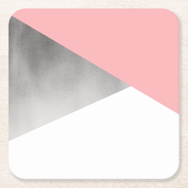 elegant modern faux silver blush pink geometric square paper coaster (Front)