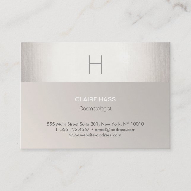 Elegant Modern Faux Silver Foil and Taupe Monogram Business Card (Front)