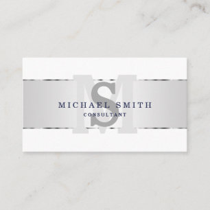 Elegant Modern FAUX Silver Striped Monogram White Business Card