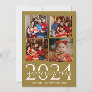 Elegant Modern Firework Happy New Year Four Photo Holiday Card
