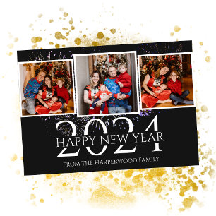 Elegant Modern Firework Happy New Year Three Photo Holiday Card