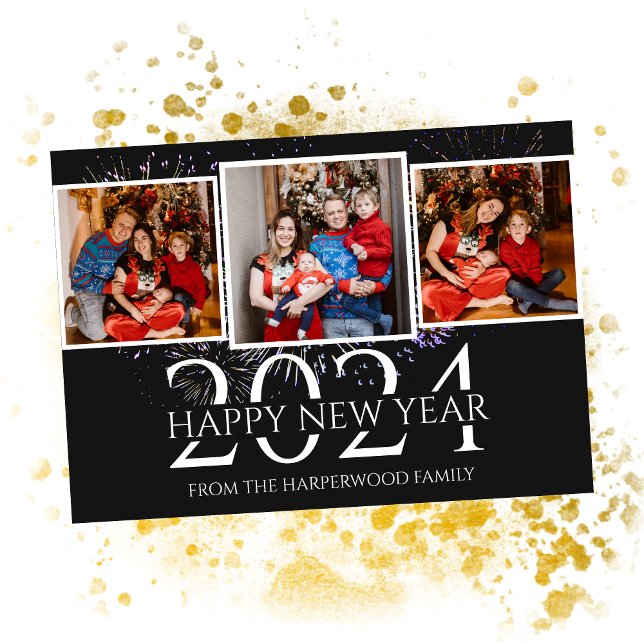 Elegant Modern Firework Happy New Year Three Photo Holiday Card (Creator Uploaded)