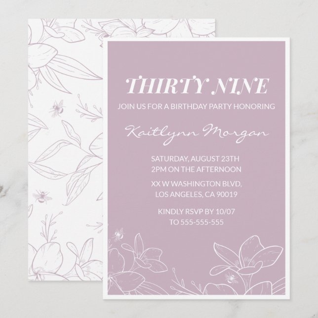 Elegant Modern Floral 39th birthday invitations (Front/Back)