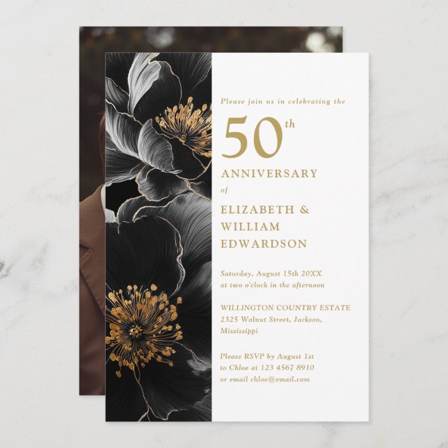Elegant Modern Floral 50th Anniversary Photo Invitation (Front/Back)