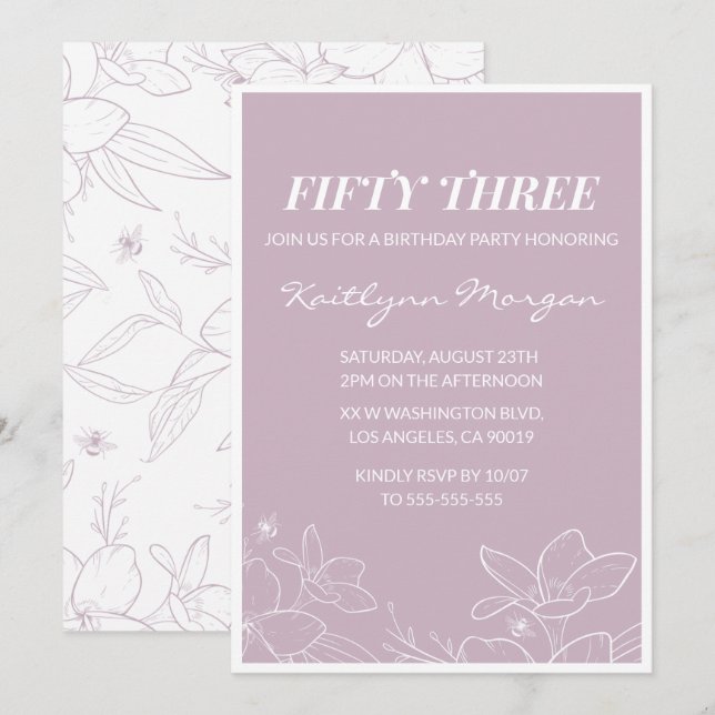 Elegant Modern Floral 53rd birthday invitations (Front/Back)