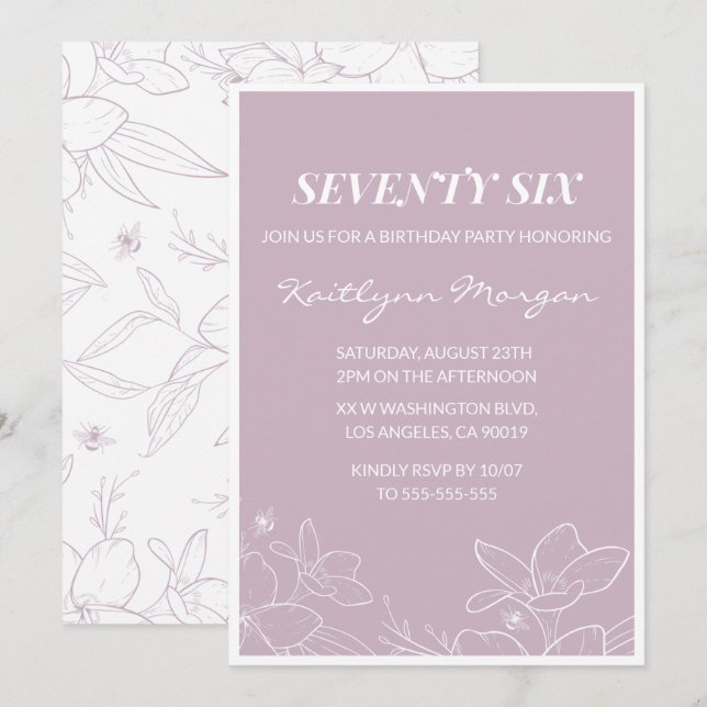 Elegant Modern Floral 76th birthday invitations (Front/Back)
