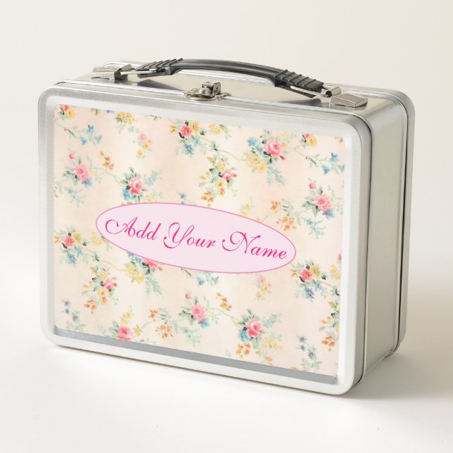 Elegant Modern Floral Add Your Text Metal Lunch Box (Front)