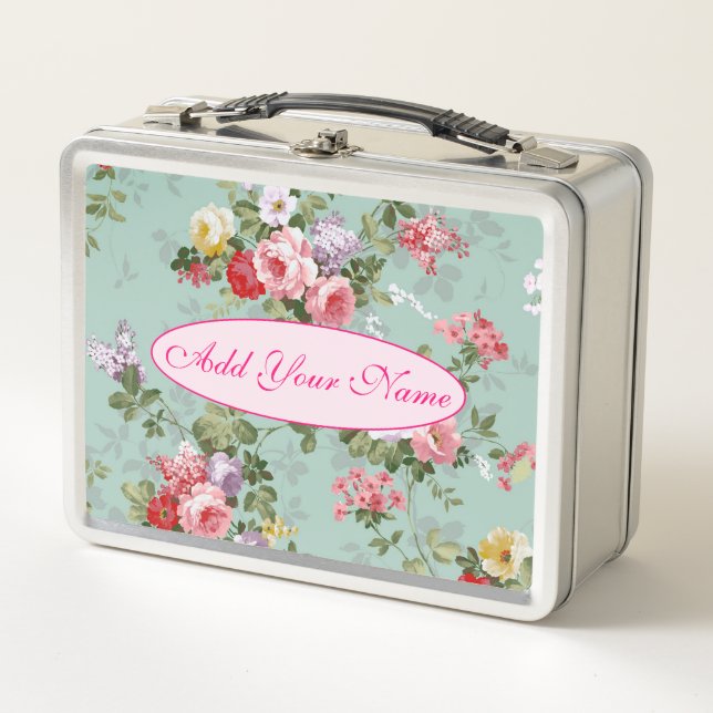 Elegant Modern Floral Add Your Text Metal Lunch Box (Front)