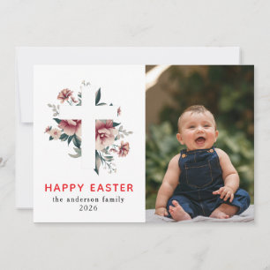 Elegant Modern Floral and Cross Happy Easter Photo Holiday Card
