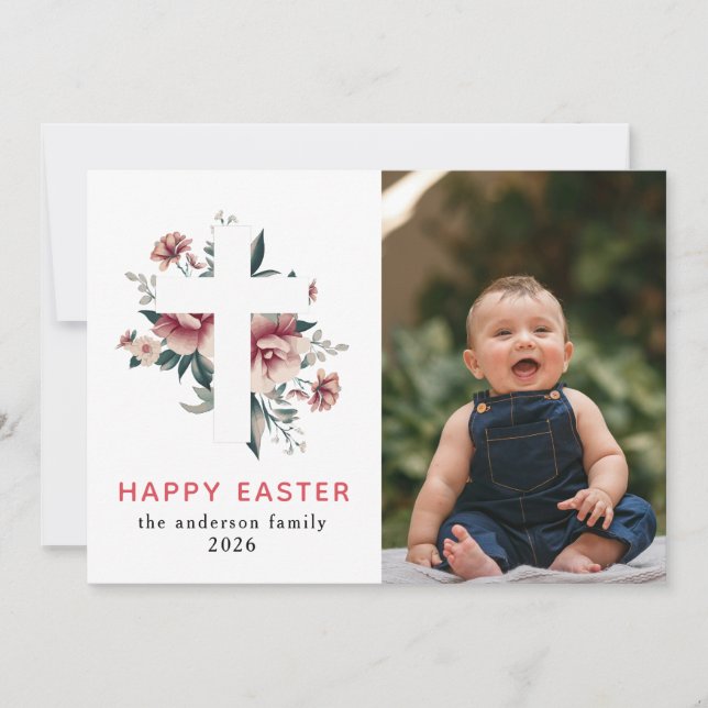 Elegant Modern Floral and Cross Happy Easter Photo Holiday Card (Front)