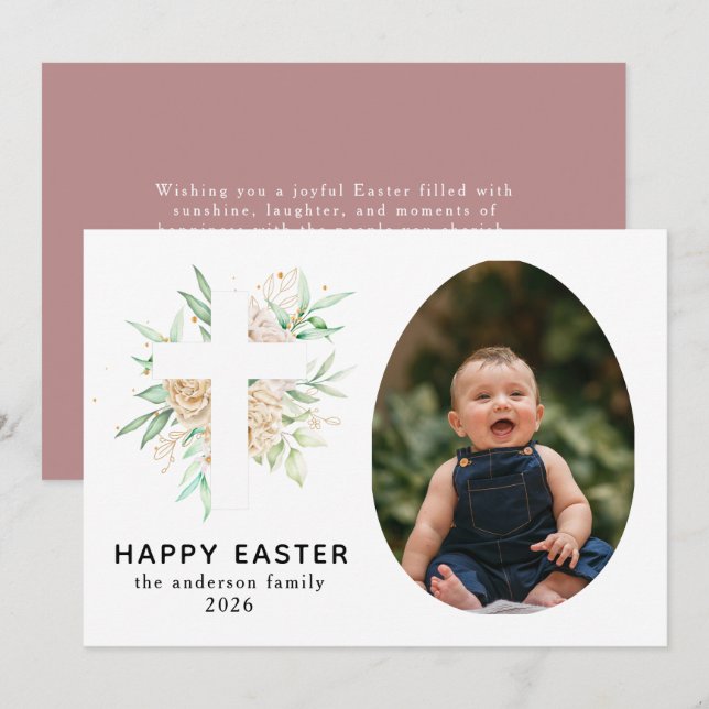 Elegant Modern Floral and Cross Happy Easter Photo Holiday Card (Front/Back)