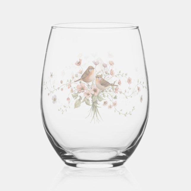 Elegant Modern floral Bird Overlay Flowers wedding Stemless Wine Glass (Back)