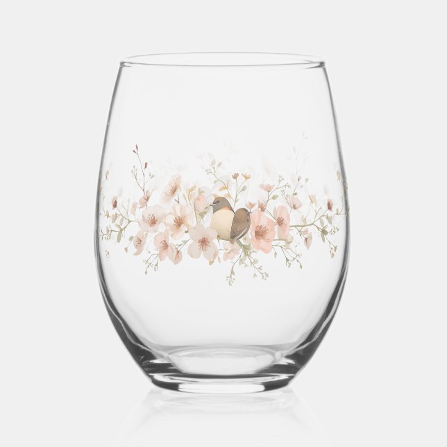 Elegant Modern floral Bird Overlay Flowers wedding Stemless Wine Glass (Front)