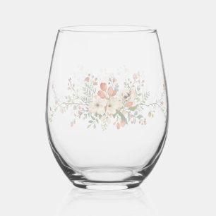 Elegant Modern floral Bird Overlay Flowers wedding Stemless Wine Glass