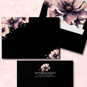 Elegant Modern Floral Black Pink Wedding Envelope