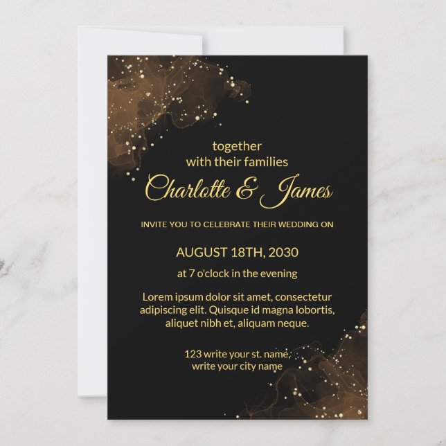 Elegant Modern Floral Black Wedding Invitations (Front)
