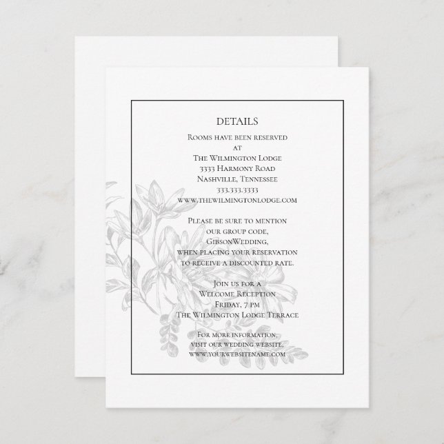 Elegant Modern Floral Black White Wedding Details  Enclosure Card (Front/Back)