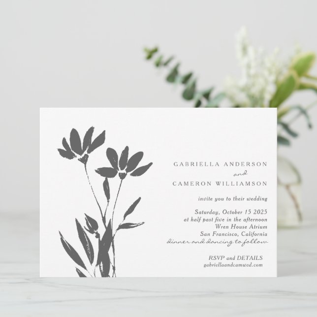 Elegant Modern Floral Black White Wedding Invitation (Standing Front)