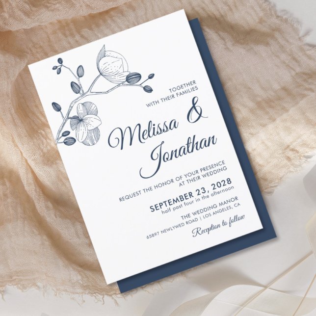Elegant modern floral blue orchids wedding white invitation (Creator Uploaded)